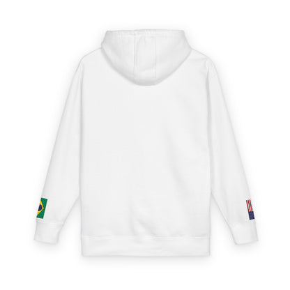 Brazilian American Flag Fleece Hoodie | Brazil USA Dual Heritage Naturalization Gift | Personalized Initials | Embroidered Sleeve Flags - Proud & Loyal