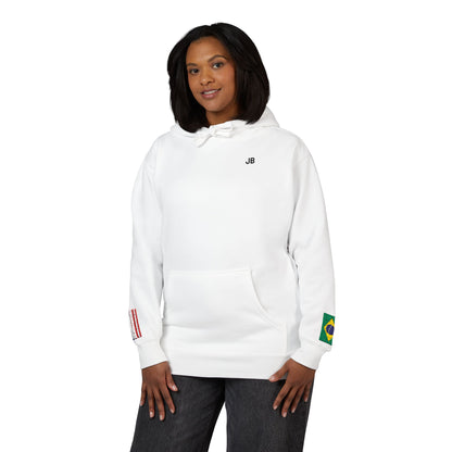 Brazilian American Flag Fleece Hoodie | Brazil USA Dual Heritage Naturalization Gift | Personalized Initials | Embroidered Sleeve Flags - Proud & Loyal