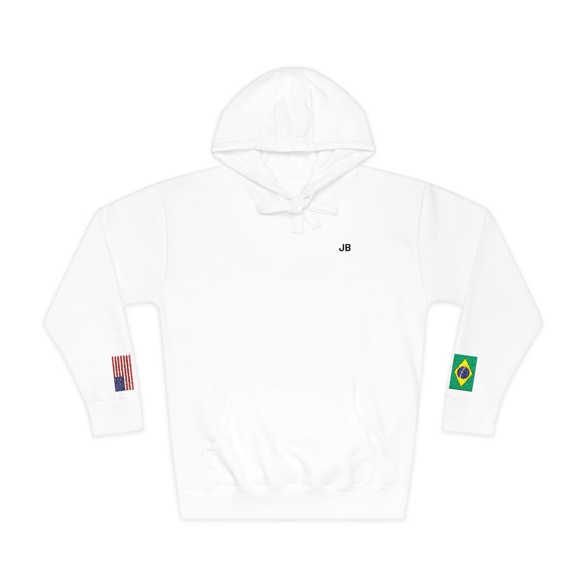 Brazilian American Flag Fleece Hoodie | Brazil USA Dual Heritage Naturalization Gift | Personalized Initials | Embroidered Sleeve Flags - Proud & Loyal