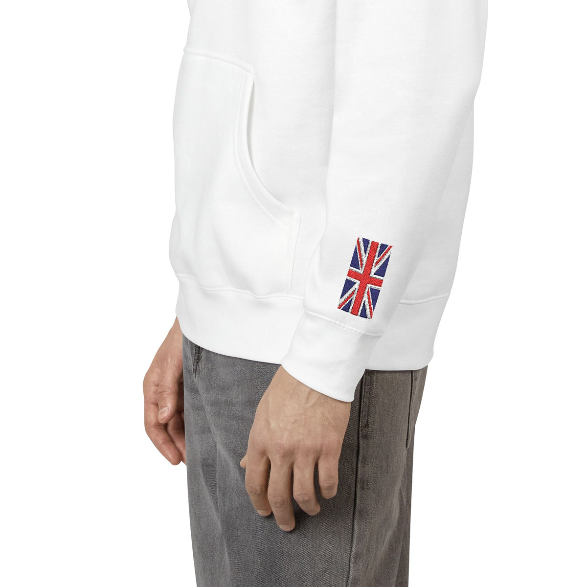 British American Flag Fleece Hoodie | Britain USA Dual Heritage Naturalization Gift | Personalized Initials | Embroidered Sleeve Flags - Proud & Loyal