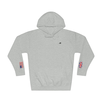 British American Flag Fleece Hoodie | Britain USA Dual Heritage Naturalization Gift | Personalized Initials | Embroidered Sleeve Flags - Proud & Loyal
