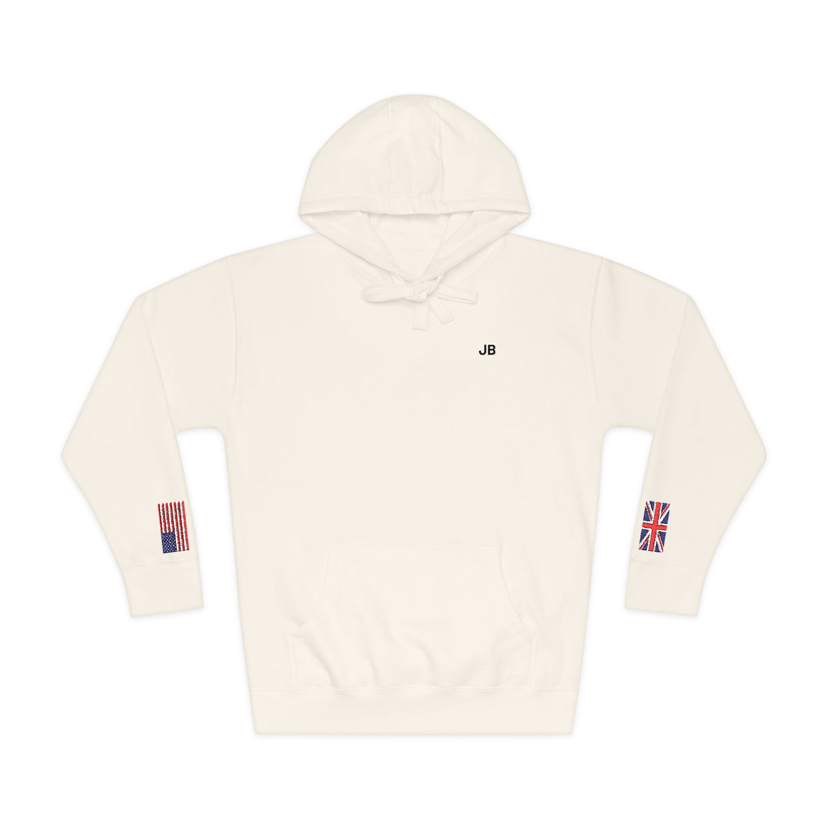 British American Flag Fleece Hoodie | Britain USA Dual Heritage Naturalization Gift | Personalized Initials | Embroidered Sleeve Flags - Proud & Loyal