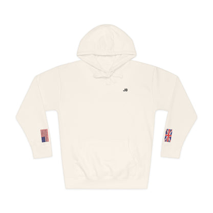 British American Flag Fleece Hoodie | Britain USA Dual Heritage Naturalization Gift | Personalized Initials | Embroidered Sleeve Flags - Proud & Loyal