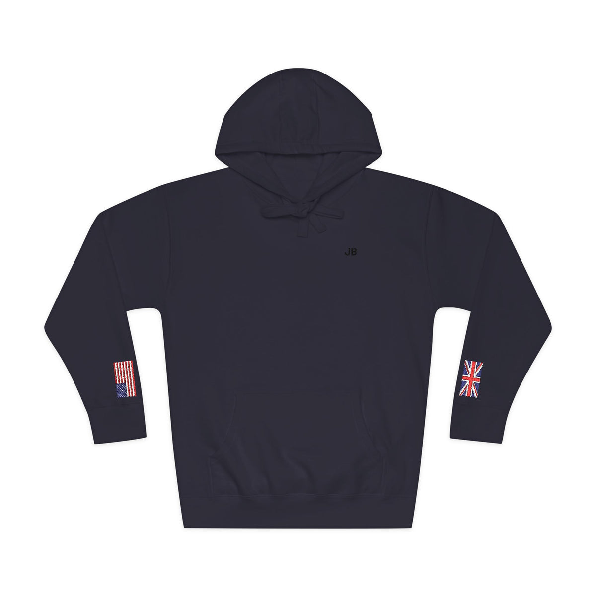 British American Flag Fleece Hoodie | Britain USA Dual Heritage Naturalization Gift | Personalized Initials | Embroidered Sleeve Flags - Proud & Loyal
