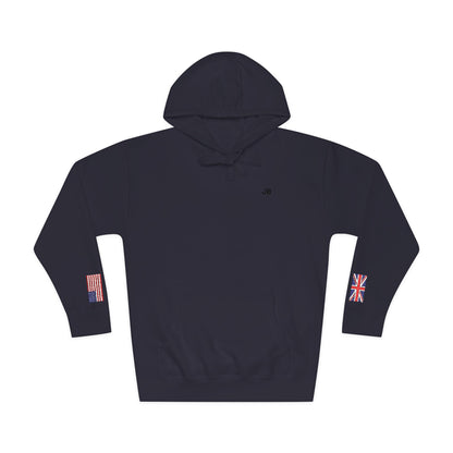 British American Flag Fleece Hoodie | Britain USA Dual Heritage Naturalization Gift | Personalized Initials | Embroidered Sleeve Flags - Proud & Loyal
