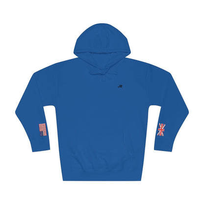 British American Flag Fleece Hoodie | Britain USA Dual Heritage Naturalization Gift | Personalized Initials | Embroidered Sleeve Flags - Proud & Loyal