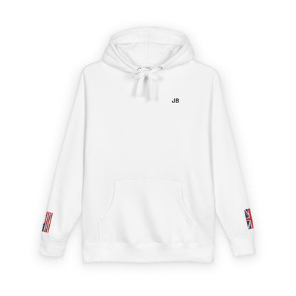 British American Flag Fleece Hoodie | Britain USA Dual Heritage Naturalization Gift | Personalized Initials | Embroidered Sleeve Flags - Proud & Loyal