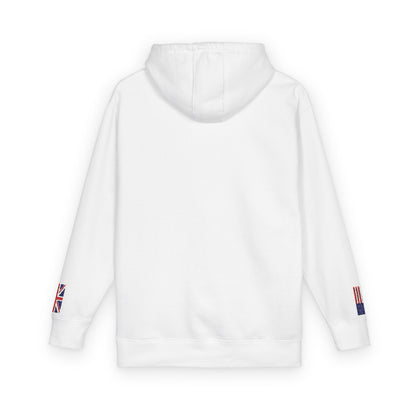 British American Flag Fleece Hoodie | Britain USA Dual Heritage Naturalization Gift | Personalized Initials | Embroidered Sleeve Flags - Proud & Loyal