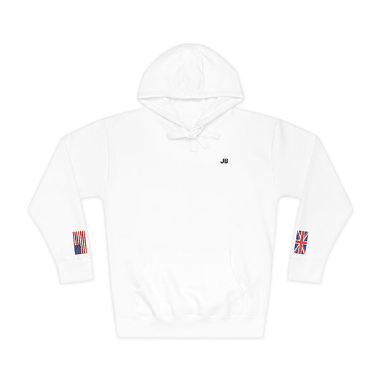 British American Flag Fleece Hoodie | Britain USA Dual Heritage Naturalization Gift | Personalized Initials | Embroidered Sleeve Flags - Proud & Loyal