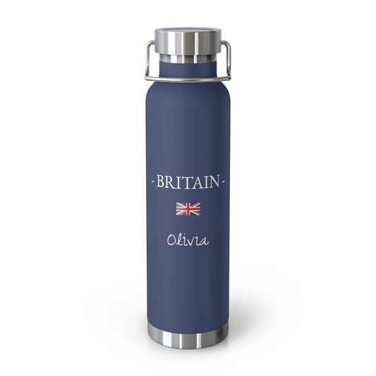 British Heritage Insulated Water Bottle, Copper Lined, Custom Thermos, UK United Kingdom British Flag Metal Travel Flask, Personalized Name - Proud & Loyal