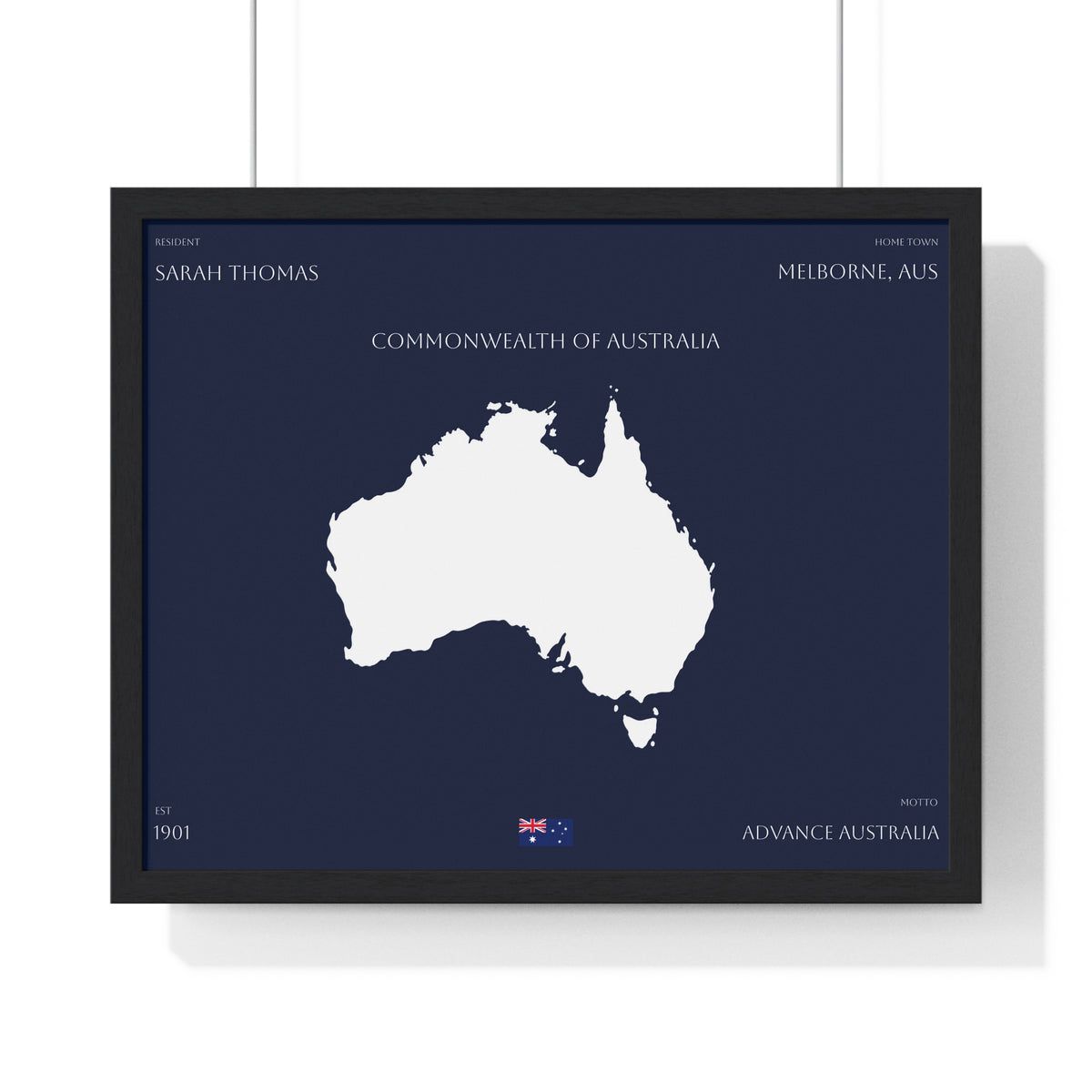 Customizable Australia Map Poster Horizontal Framed Poster | Commonwealth of Australia Navy Print Flag | Personalized Name and Hometown - Proud & Loyal