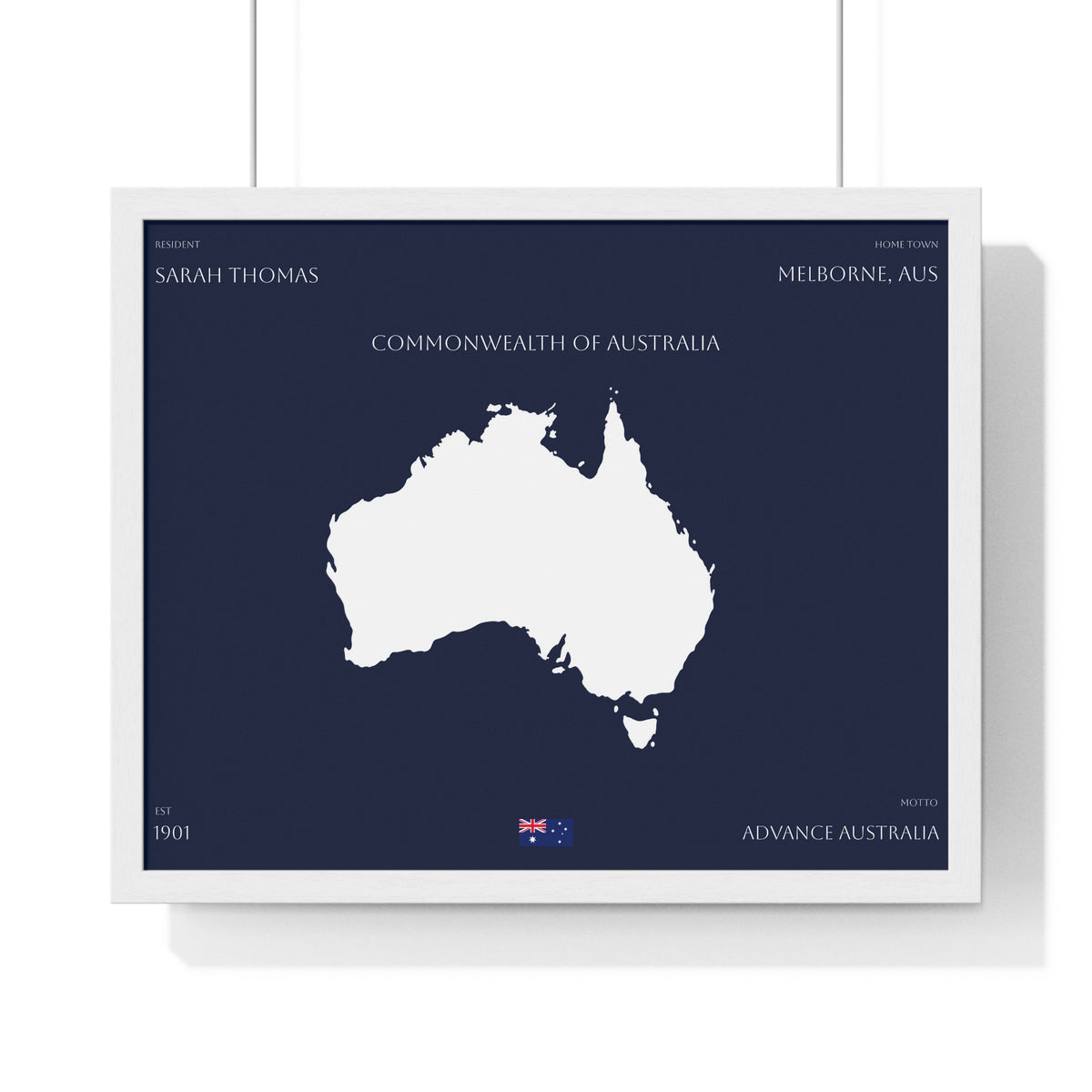Customizable Australia Map Poster Horizontal Framed Poster | Commonwealth of Australia Navy Print Flag | Personalized Name and Hometown - Proud & Loyal