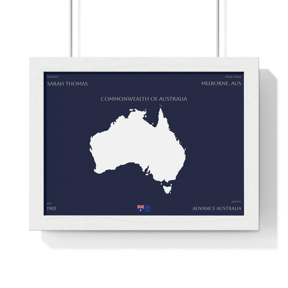 Customizable Australia Map Poster Horizontal Framed Poster | Commonwealth of Australia Navy Print Flag | Personalized Name and Hometown - Proud & Loyal