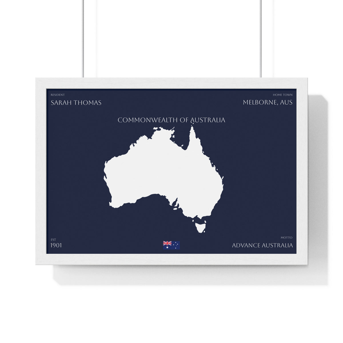 Customizable Australia Map Poster Horizontal Framed Poster | Commonwealth of Australia Navy Print Flag | Personalized Name and Hometown - Proud & Loyal