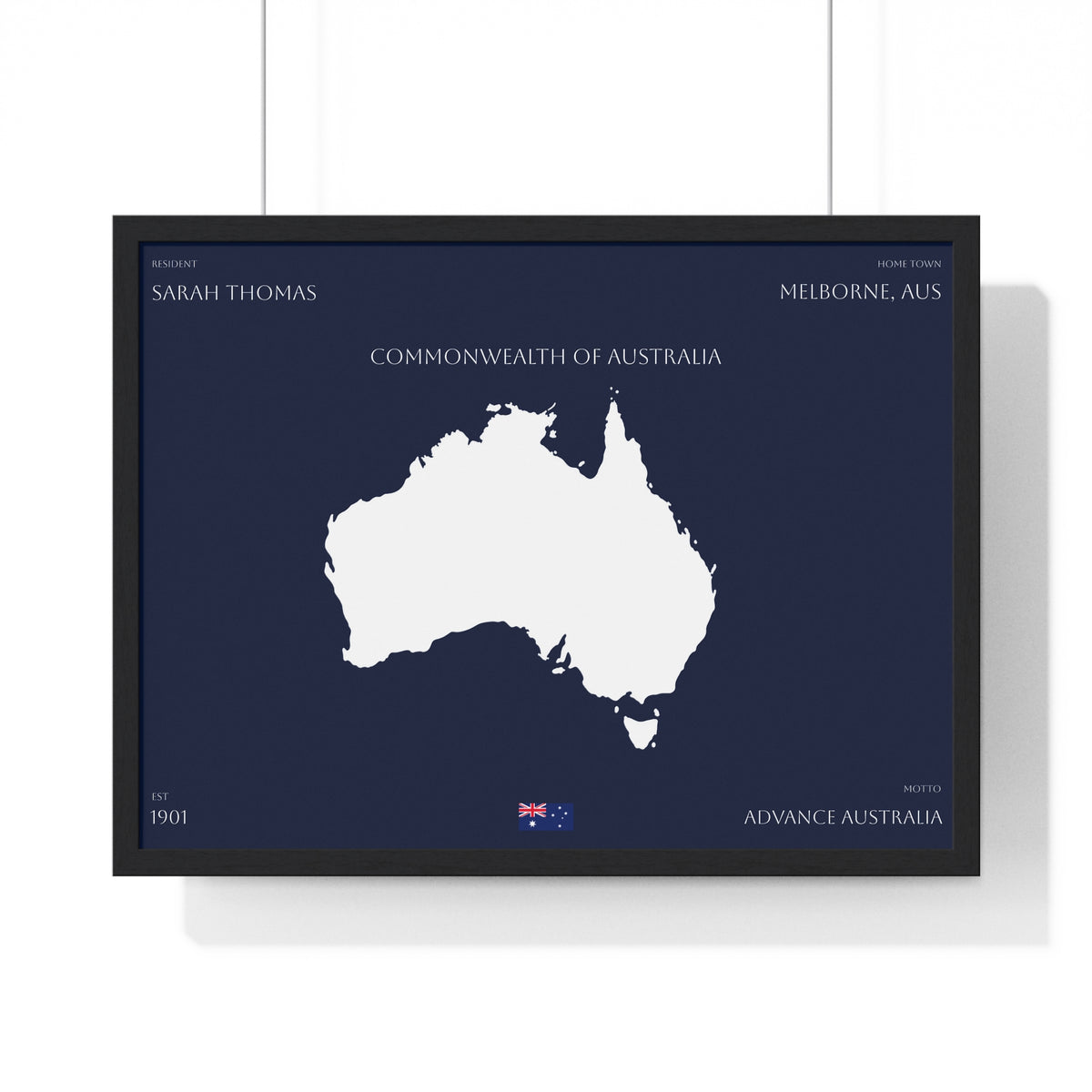 Customizable Australia Map Poster Horizontal Framed Poster | Commonwealth of Australia Navy Print Flag | Personalized Name and Hometown - Proud & Loyal
