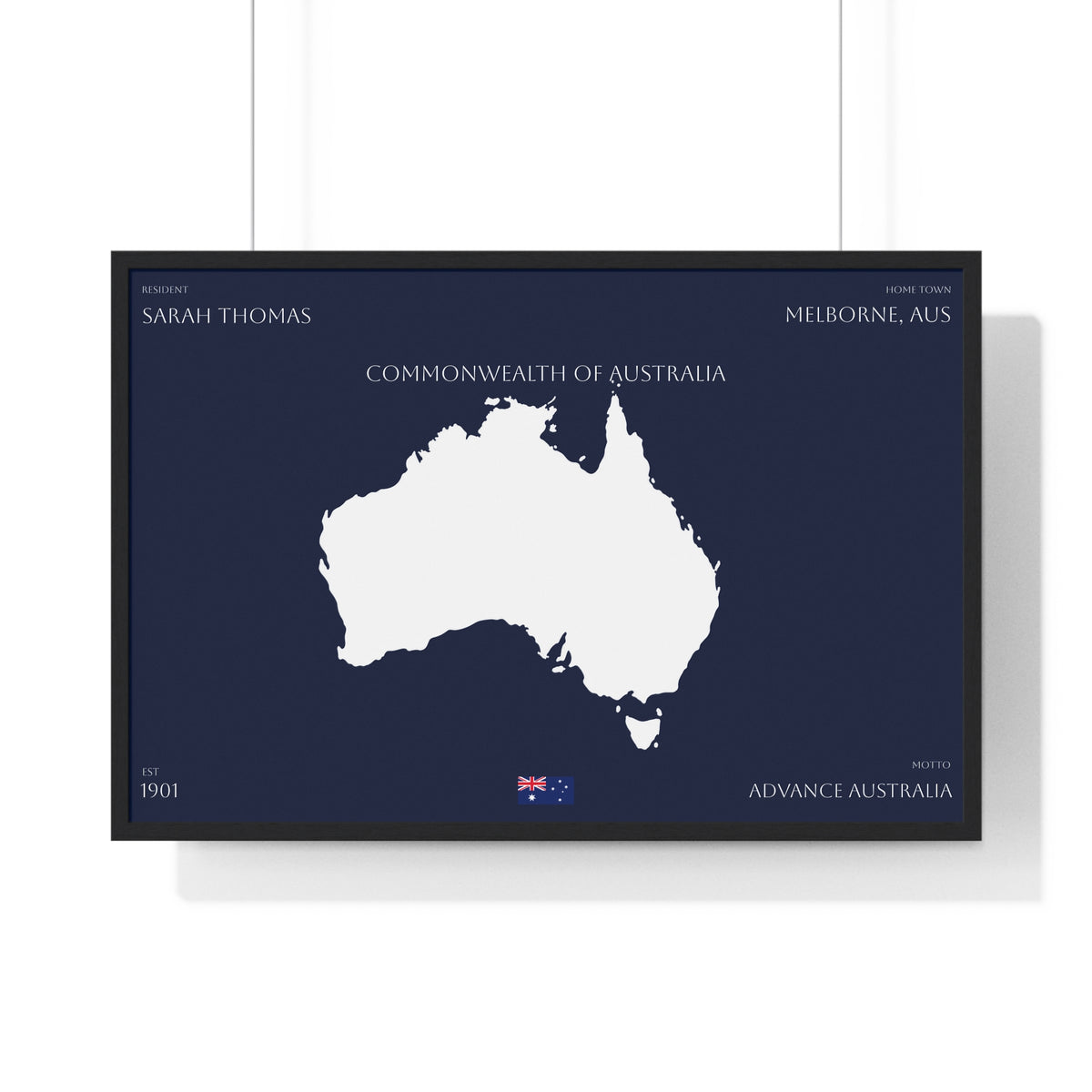 Customizable Australia Map Poster Horizontal Framed Poster | Commonwealth of Australia Navy Print Flag | Personalized Name and Hometown - Proud & Loyal