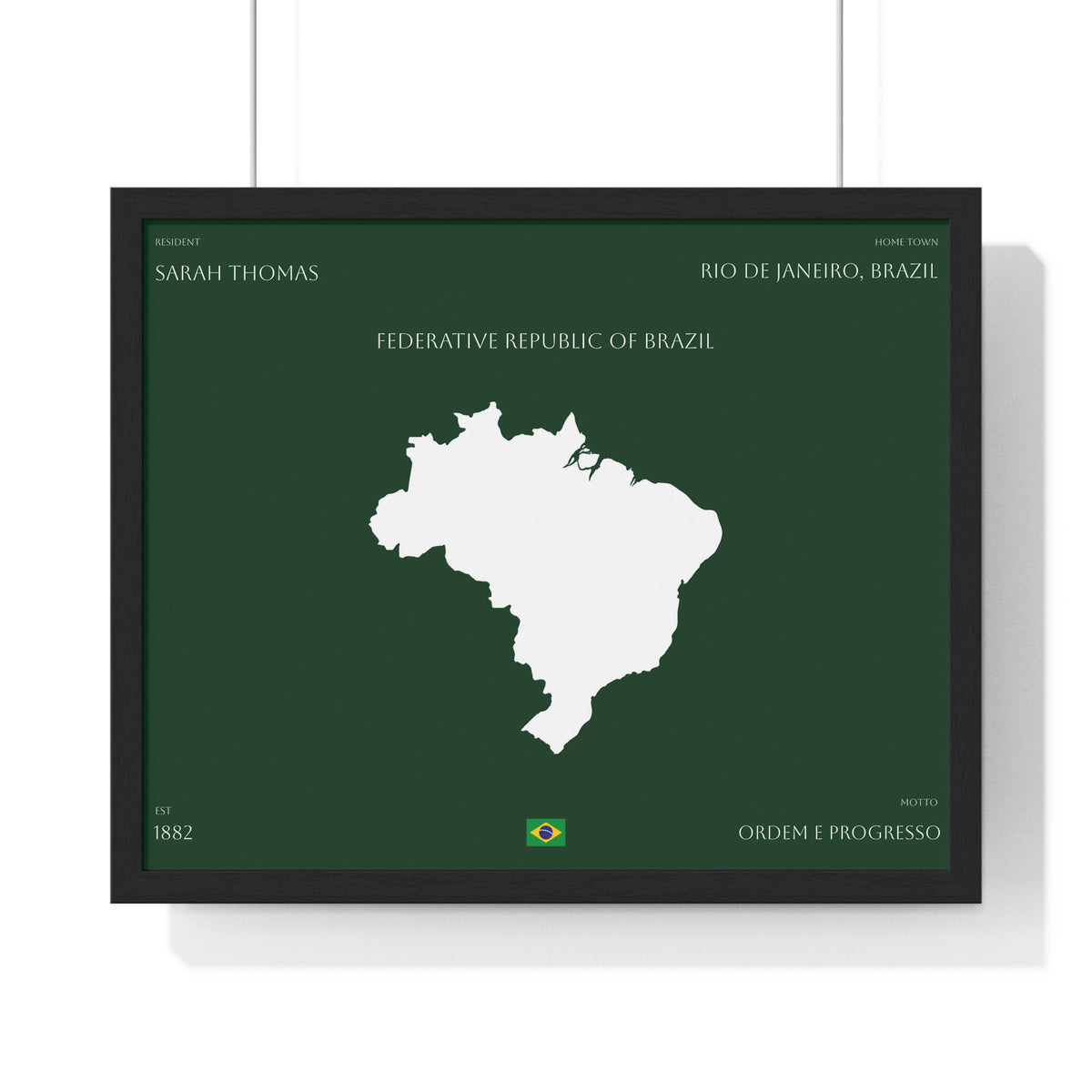 Customizable Brazil Map Poster Horizontal | Country Map Wall Art, Green Framed Print | Personalized Name and Hometown - Proud & Loyal