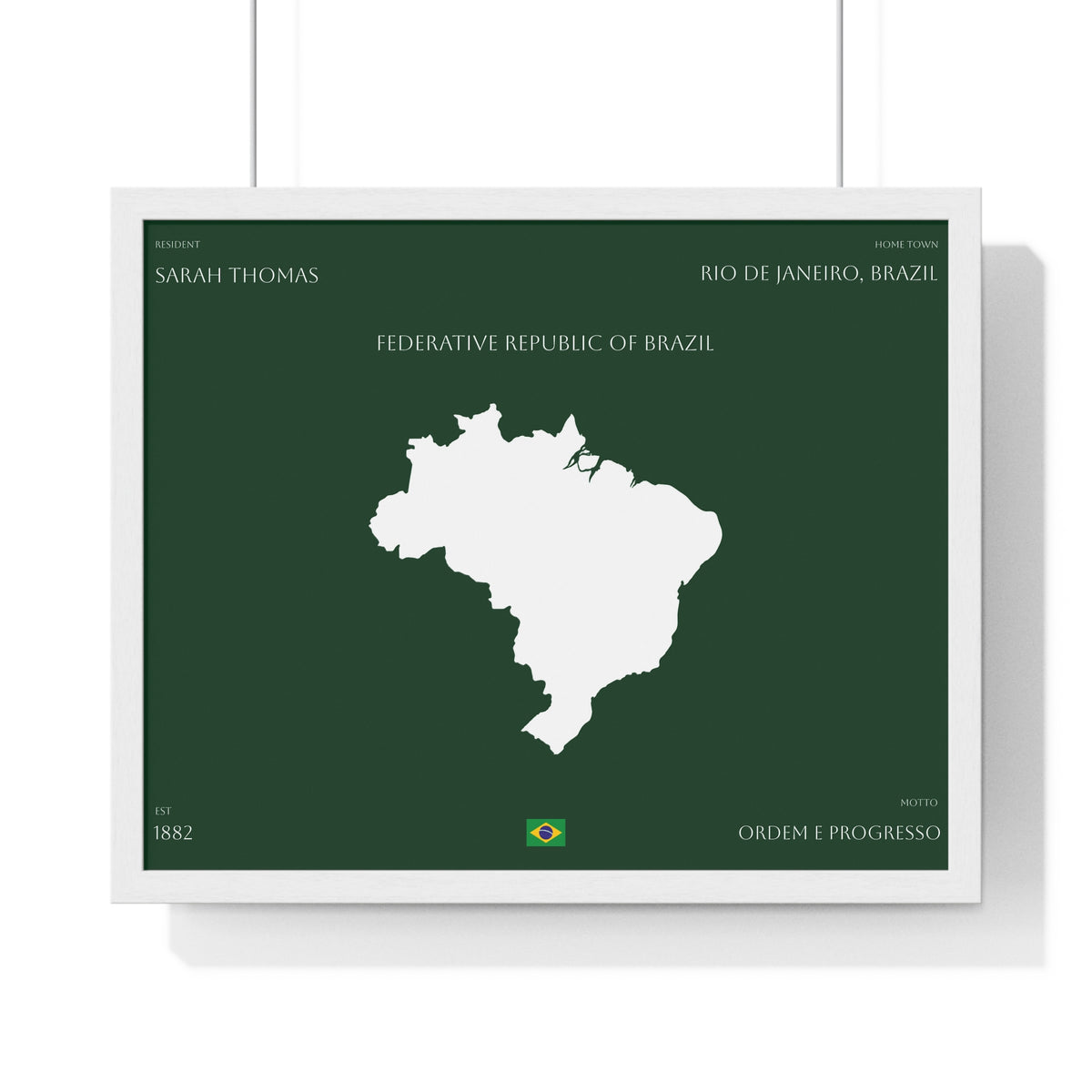 Customizable Brazil Map Poster Horizontal | Country Map Wall Art, Green Framed Print | Personalized Name and Hometown - Proud & Loyal