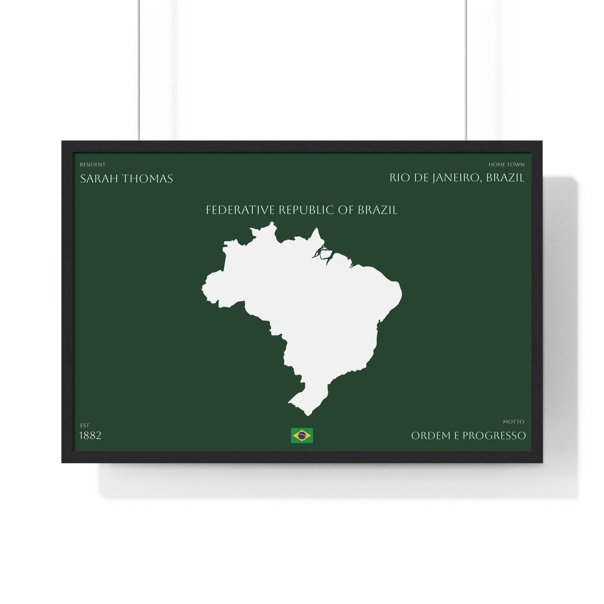 Customizable Brazil Map Poster Horizontal | Country Map Wall Art, Green Framed Print | Personalized Name and Hometown - Proud & Loyal