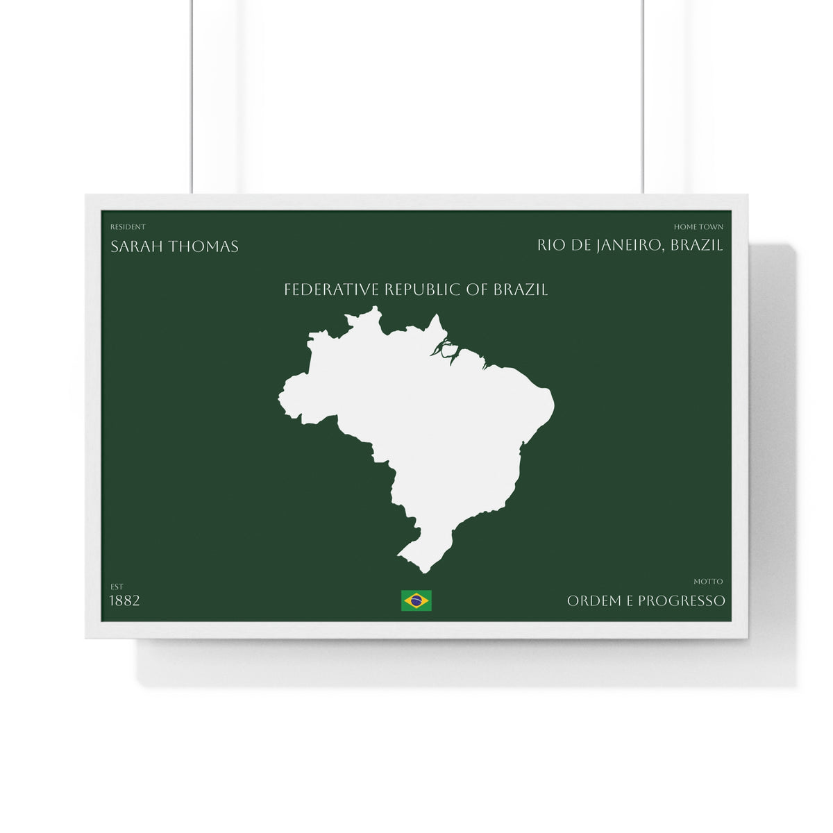 Customizable Brazil Map Poster Horizontal | Country Map Wall Art, Green Framed Print | Personalized Name and Hometown - Proud & Loyal