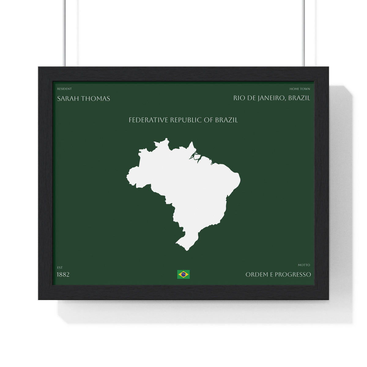 Customizable Brazil Map Poster Horizontal | Country Map Wall Art, Green Framed Print | Personalized Name and Hometown - Proud & Loyal