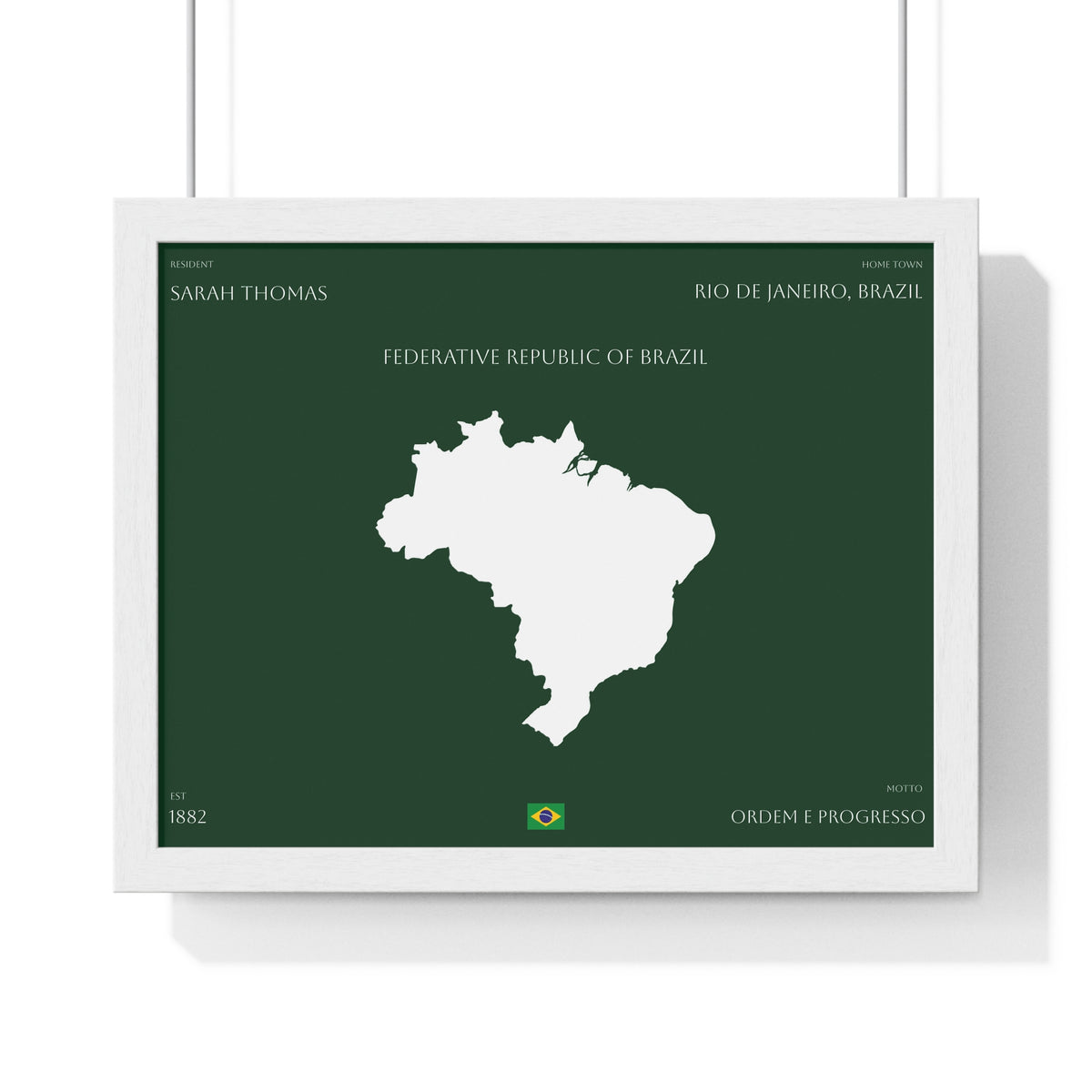 Customizable Brazil Map Poster Horizontal | Country Map Wall Art, Green Framed Print | Personalized Name and Hometown - Proud & Loyal