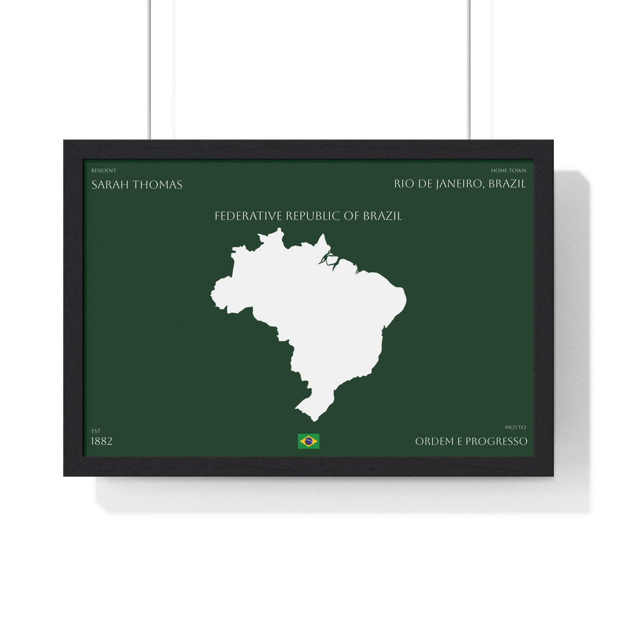Customizable Brazil Map Poster Horizontal | Country Map Wall Art, Green Framed Print | Personalized Name and Hometown - Proud & Loyal