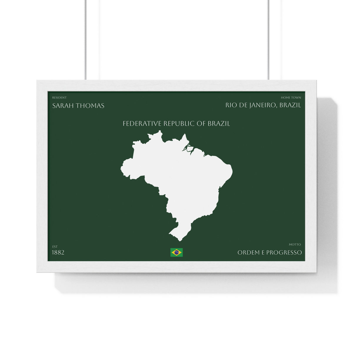 Customizable Brazil Map Poster Horizontal | Country Map Wall Art, Green Framed Print | Personalized Name and Hometown - Proud & Loyal