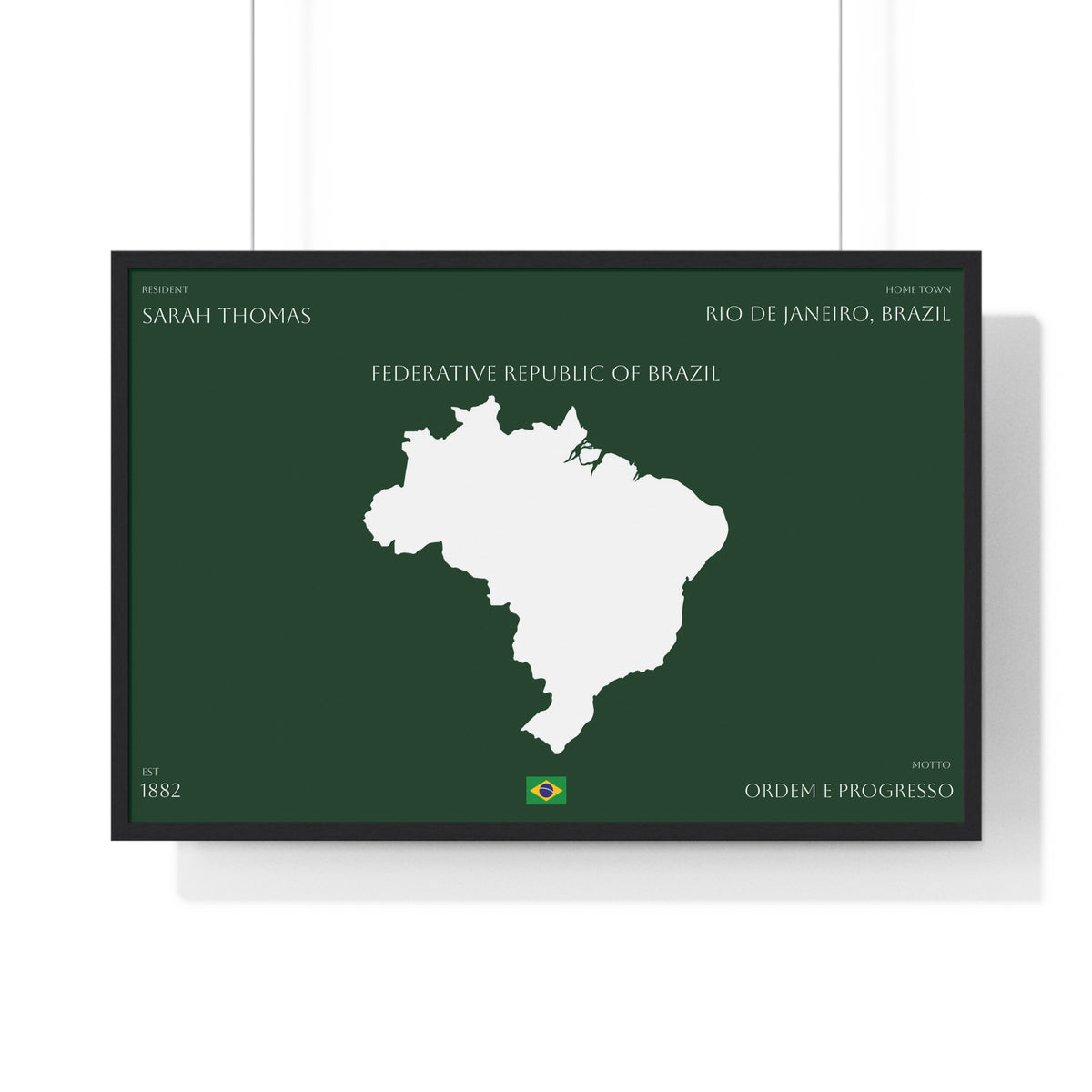 Customizable Brazil Map Poster Horizontal | Country Map Wall Art, Green Framed Print | Personalized Name and Hometown - Proud & Loyal