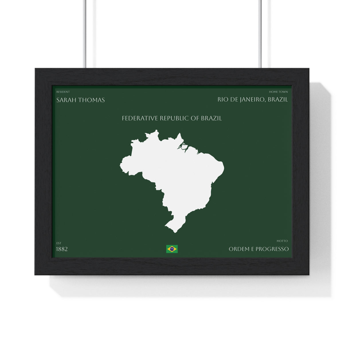 Customizable Brazil Map Poster Horizontal | Country Map Wall Art, Green Framed Print | Personalized Name and Hometown - Proud & Loyal