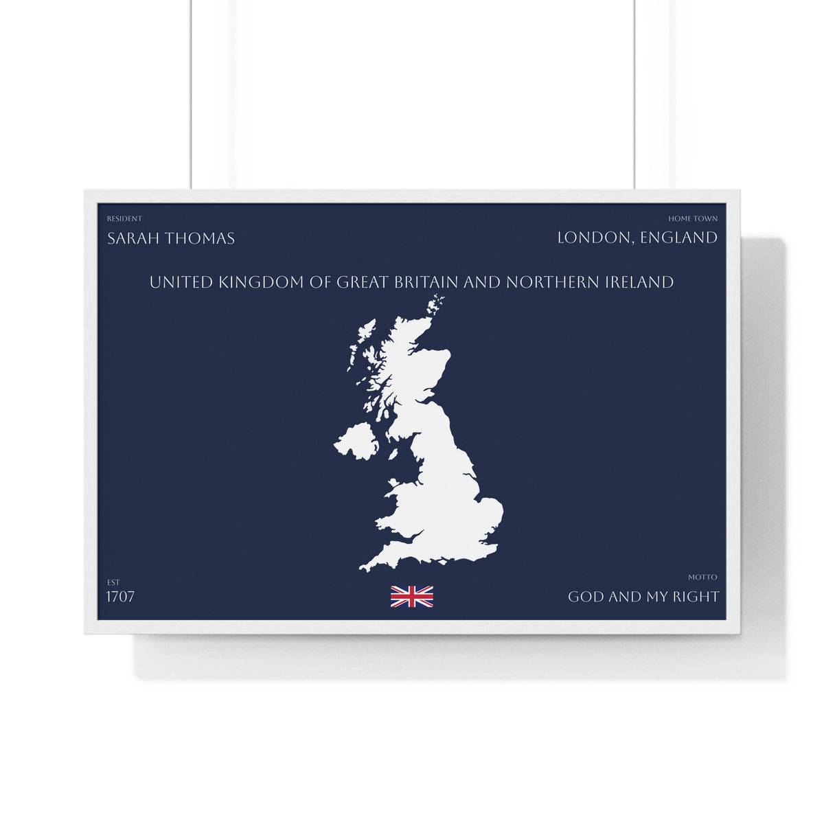 Customizable United Kingdom Map Horizontal Framed Poster | UK Silhouette Flag Wall Art | Personalized Name and Hometown - Proud & Loyal