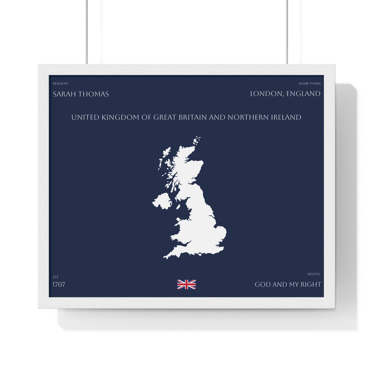Customizable United Kingdom Map Horizontal Framed Poster | UK Silhouette Flag Wall Art | Personalized Name and Hometown - Proud & Loyal