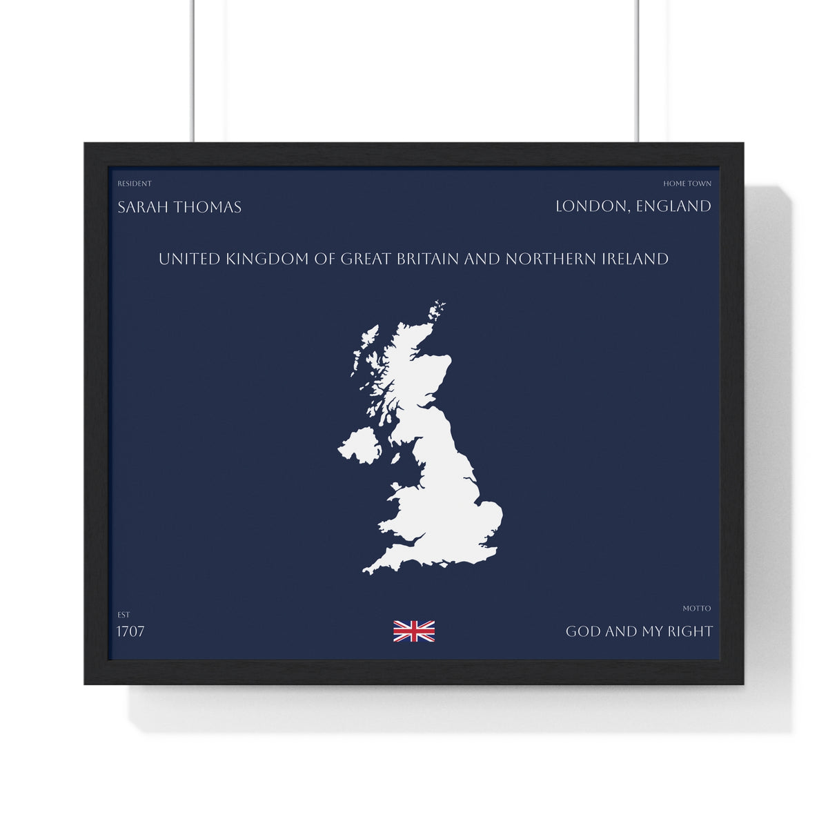 Customizable United Kingdom Map Horizontal Framed Poster | UK Silhouette Flag Wall Art | Personalized Name and Hometown - Proud & Loyal