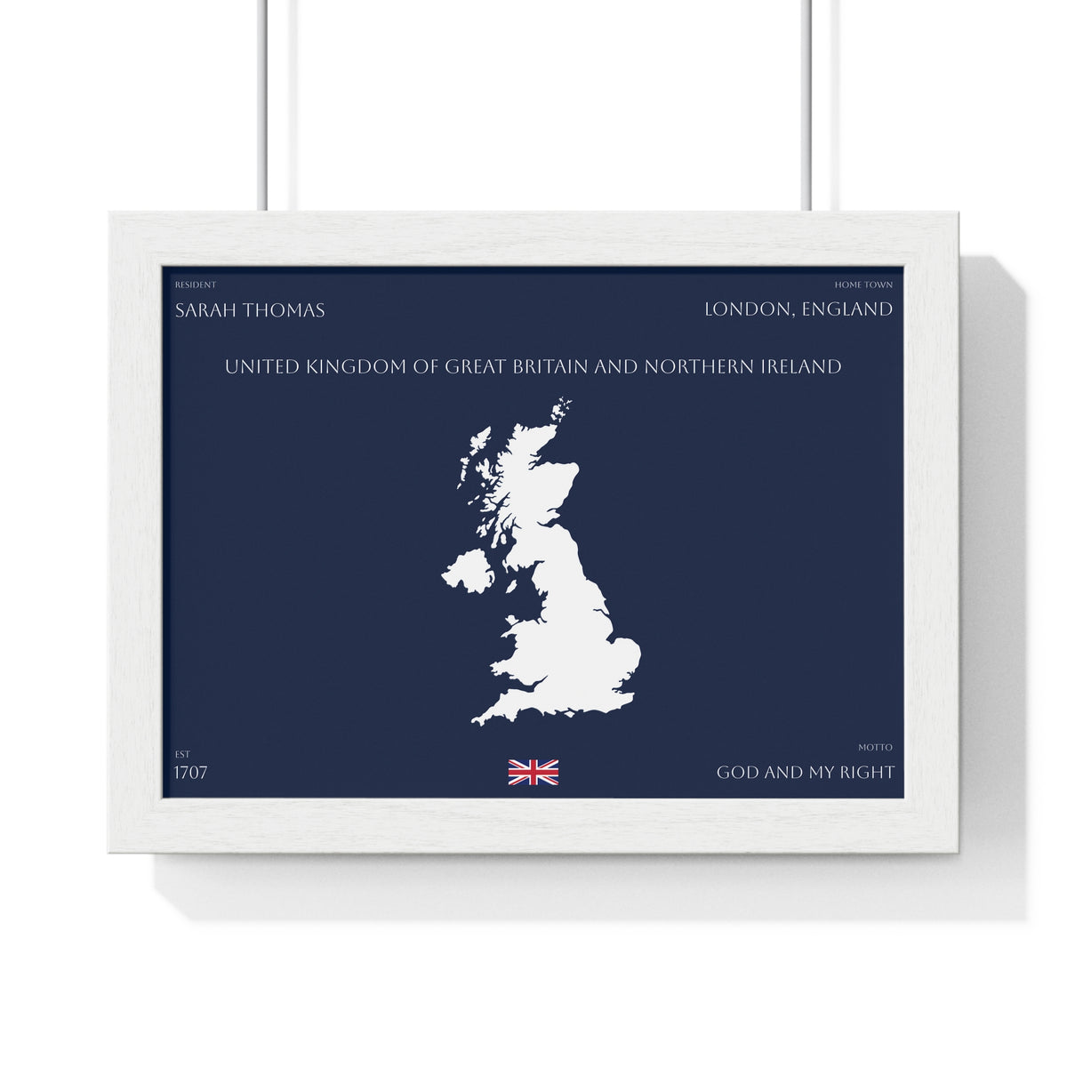 Customizable United Kingdom Map Horizontal Framed Poster | UK Silhouette Flag Wall Art | Personalized Name and Hometown - Proud & Loyal