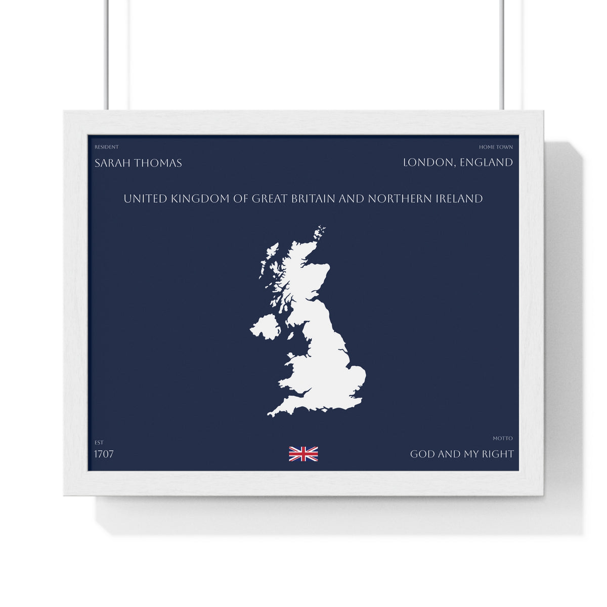Customizable United Kingdom Map Horizontal Framed Poster | UK Silhouette Flag Wall Art | Personalized Name and Hometown - Proud & Loyal