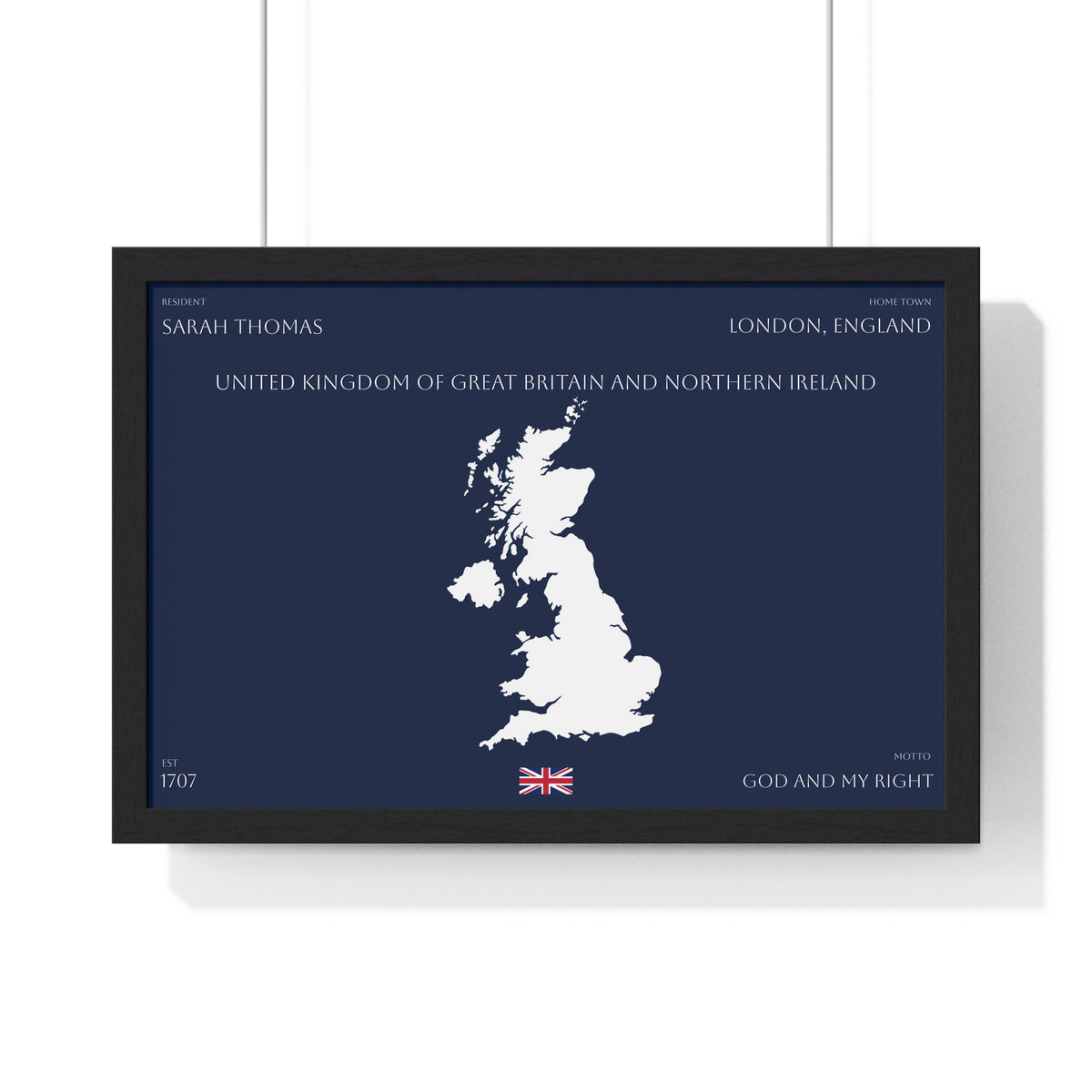 Customizable United Kingdom Map Horizontal Framed Poster | UK Silhouette Flag Wall Art | Personalized Name and Hometown - Proud & Loyal