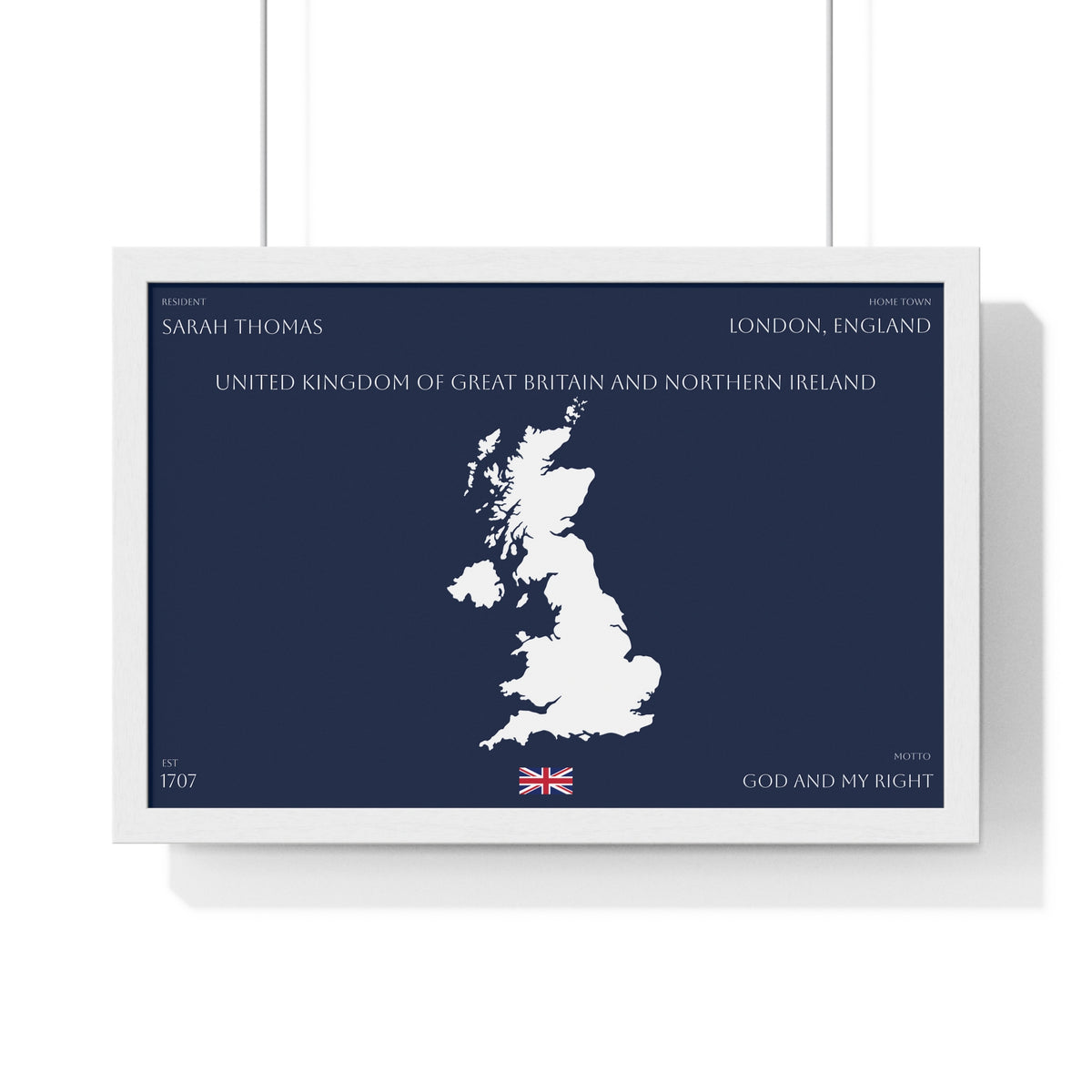 Customizable United Kingdom Map Horizontal Framed Poster | UK Silhouette Flag Wall Art | Personalized Name and Hometown - Proud & Loyal