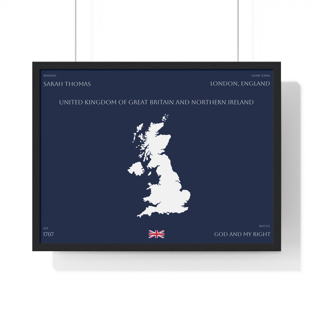 Customizable United Kingdom Map Horizontal Framed Poster | UK Silhouette Flag Wall Art | Personalized Name and Hometown - Proud & Loyal