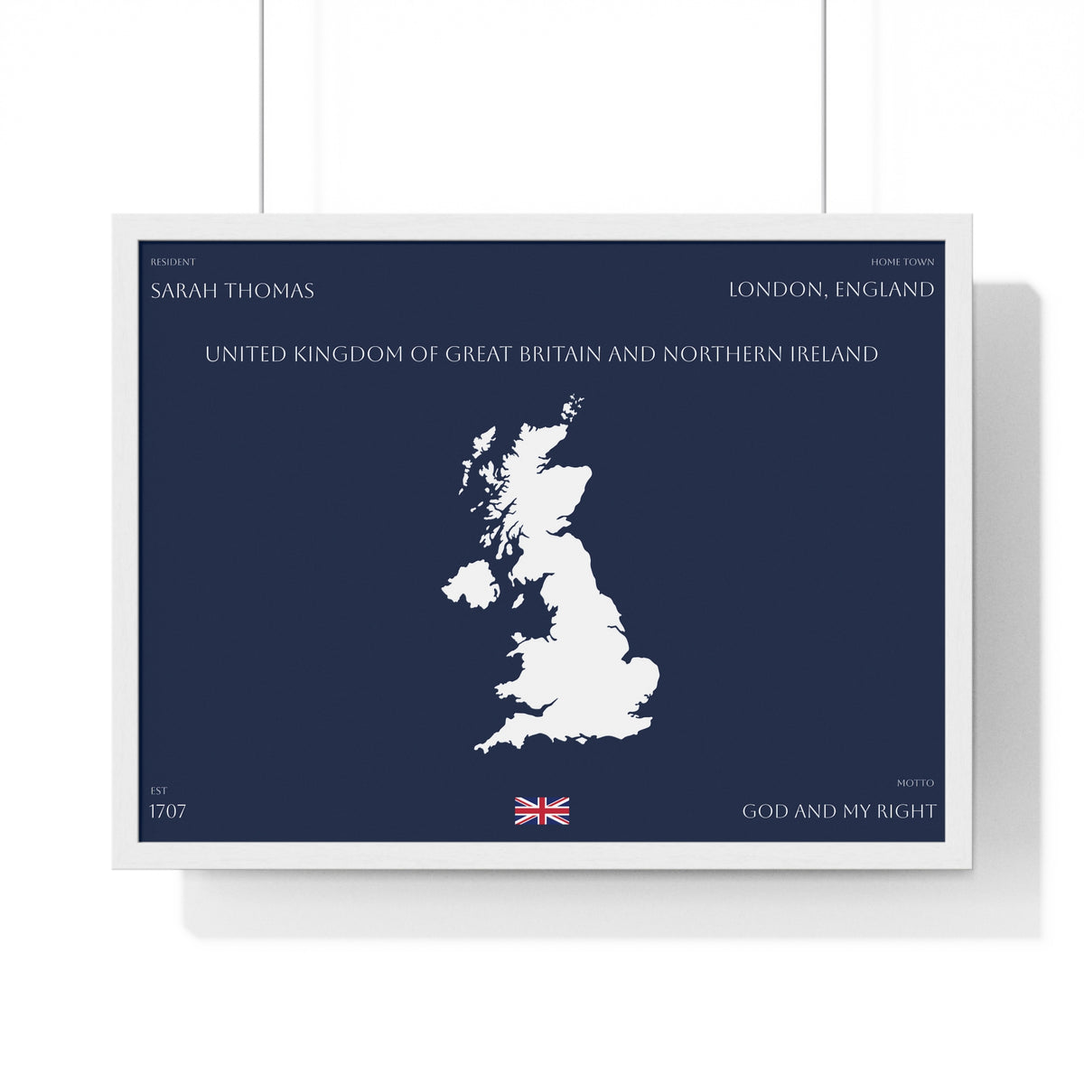 Customizable United Kingdom Map Horizontal Framed Poster | UK Silhouette Flag Wall Art | Personalized Name and Hometown - Proud & Loyal