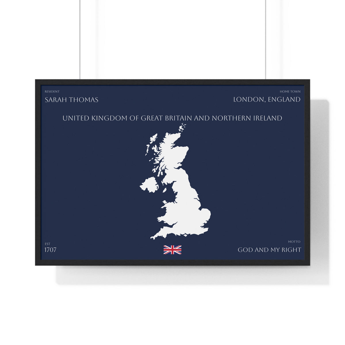 Customizable United Kingdom Map Horizontal Framed Poster | UK Silhouette Flag Wall Art | Personalized Name and Hometown - Proud & Loyal