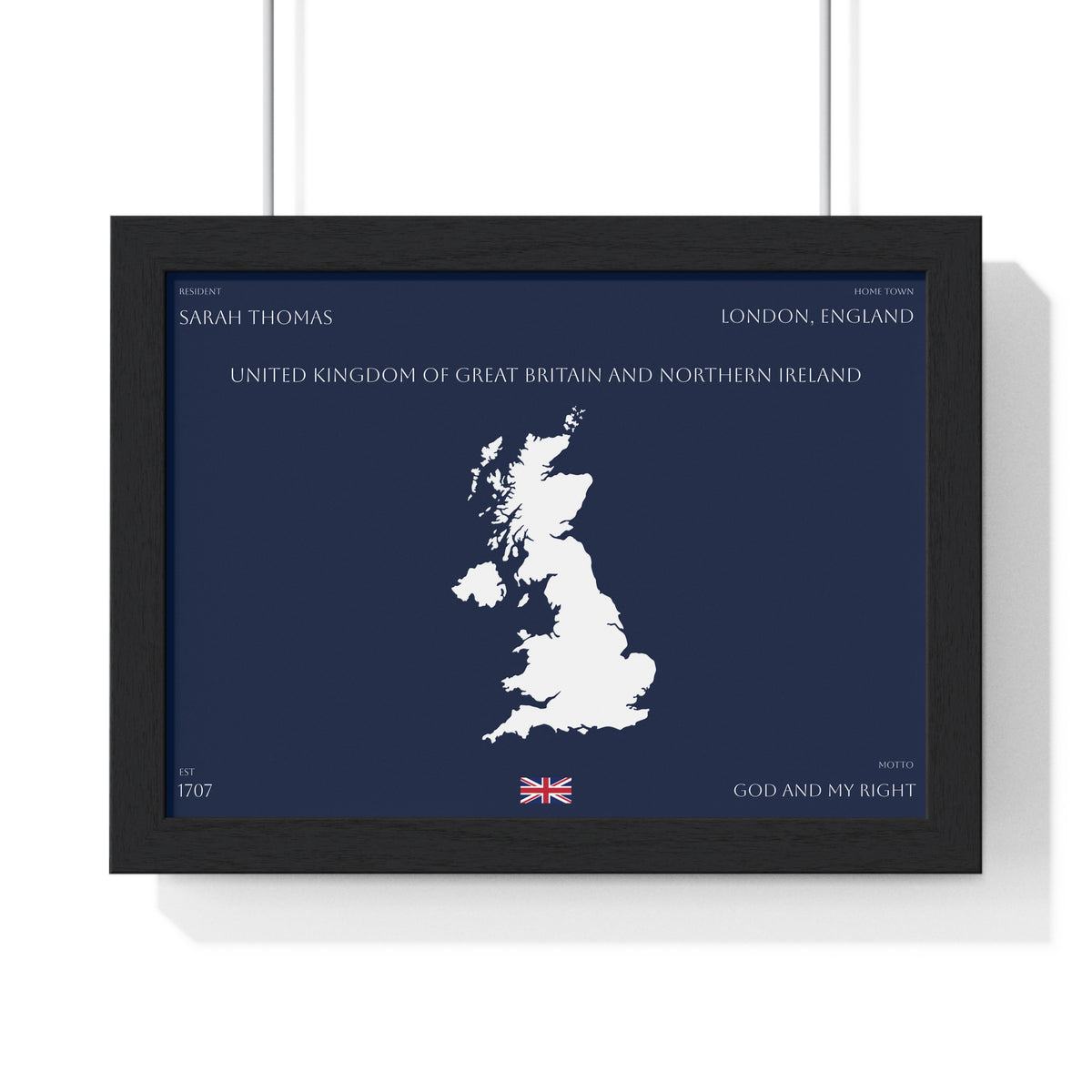 Customizable United Kingdom Map Horizontal Framed Poster | UK Silhouette Flag Wall Art | Personalized Name and Hometown - Proud & Loyal