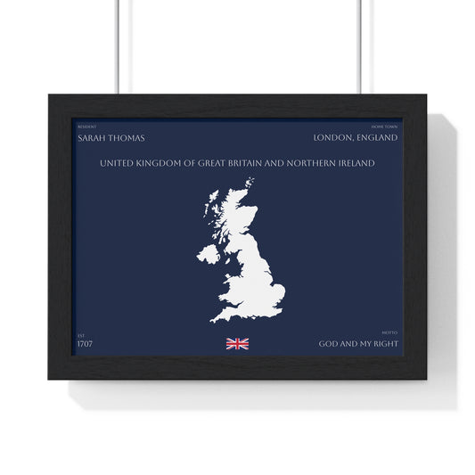 Customizable United Kingdom Map Horizontal Framed Poster | UK Silhouette Flag Wall Art | Personalized Name and Hometown - Proud & Loyal