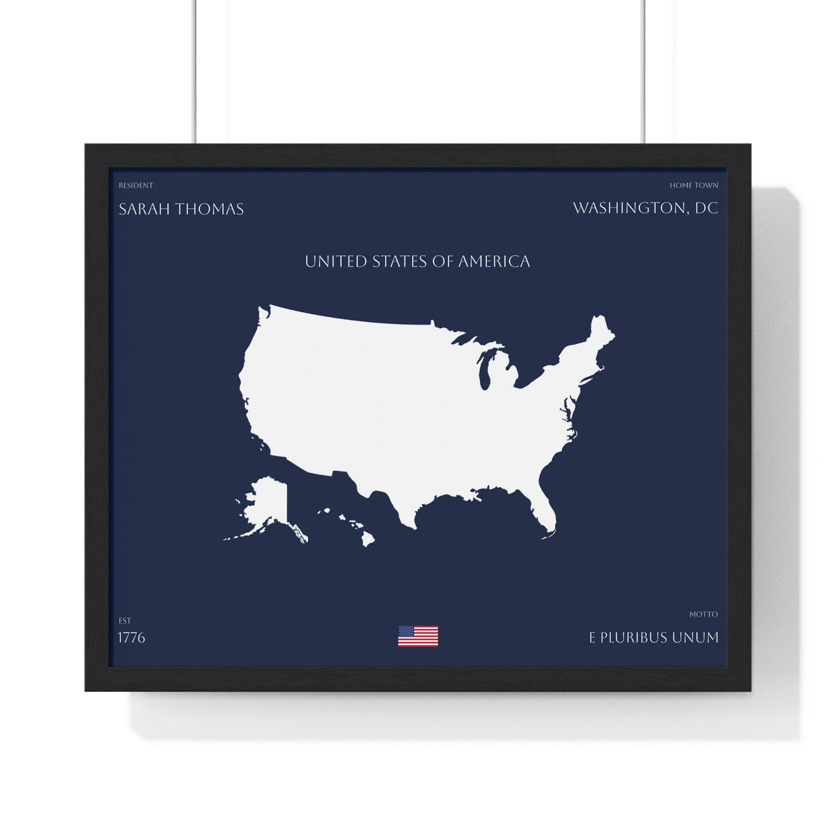 Customizable United States Map Horizontal Framed Poster | America Silhouette | Personalized Name and Hometown | Navy - Proud & Loyal