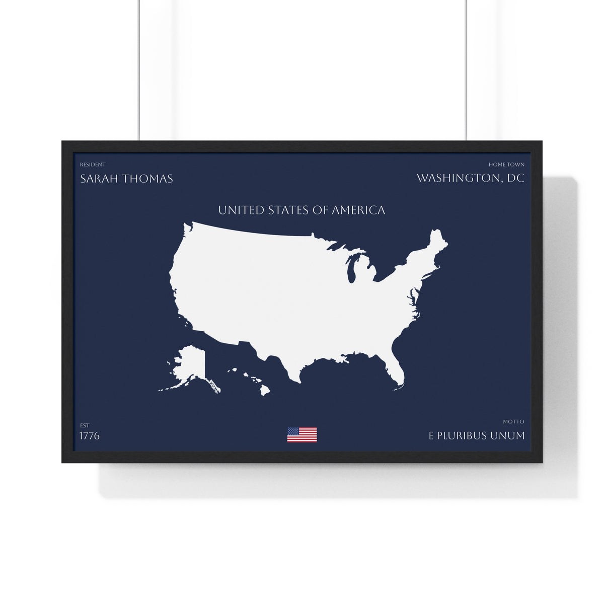 Customizable United States Map Horizontal Framed Poster | America Silhouette | Personalized Name and Hometown | Navy - Proud & Loyal