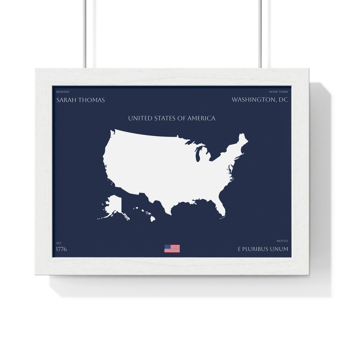 Customizable United States Map Horizontal Framed Poster | America Silhouette | Personalized Name and Hometown | Navy - Proud & Loyal