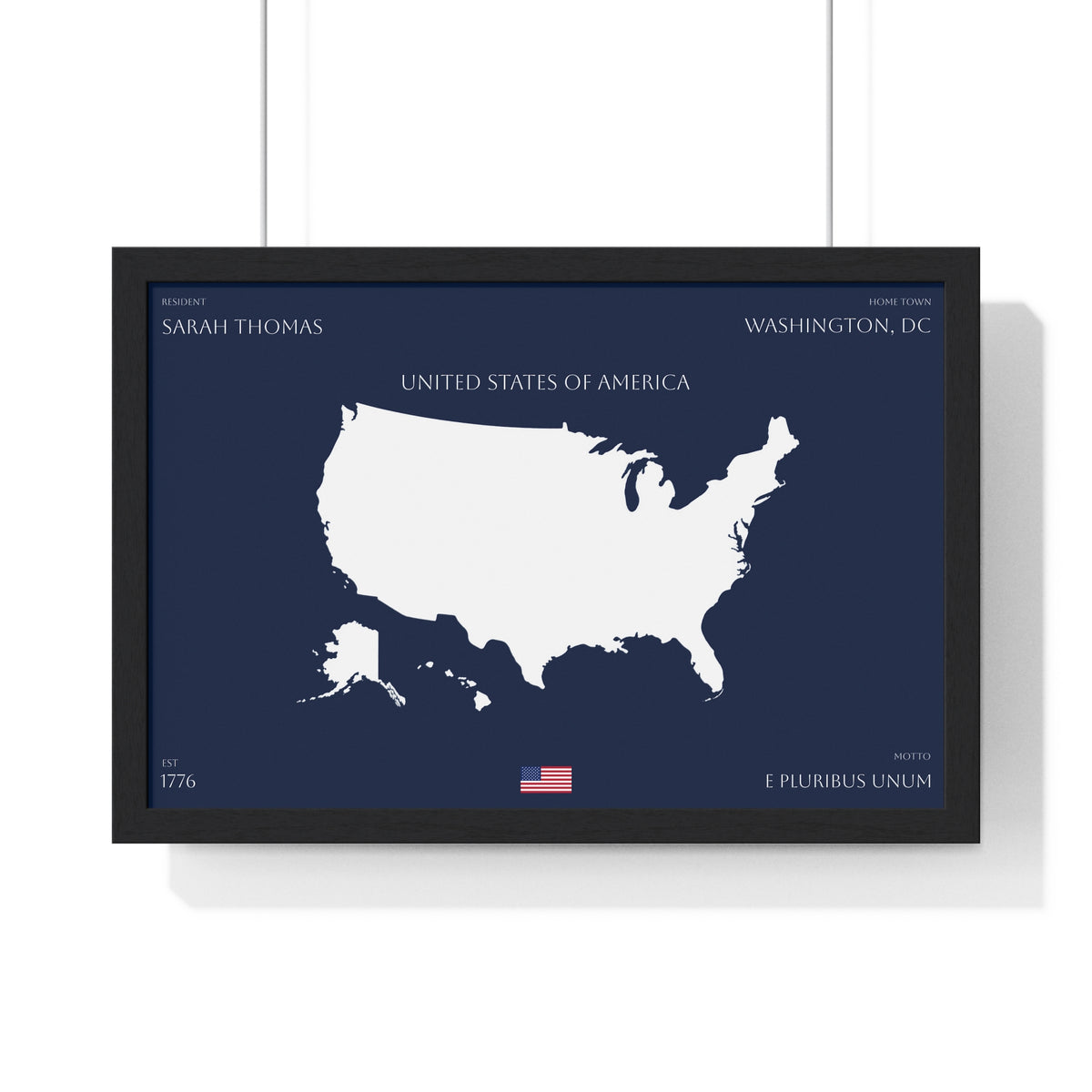Customizable United States Map Horizontal Framed Poster | America Silhouette | Personalized Name and Hometown | Navy - Proud & Loyal