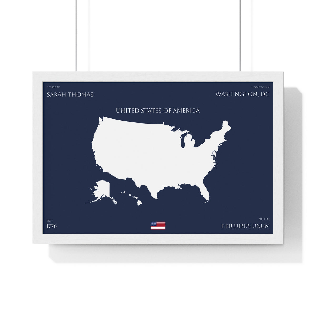 Customizable United States Map Horizontal Framed Poster | America Silhouette | Personalized Name and Hometown | Navy - Proud & Loyal