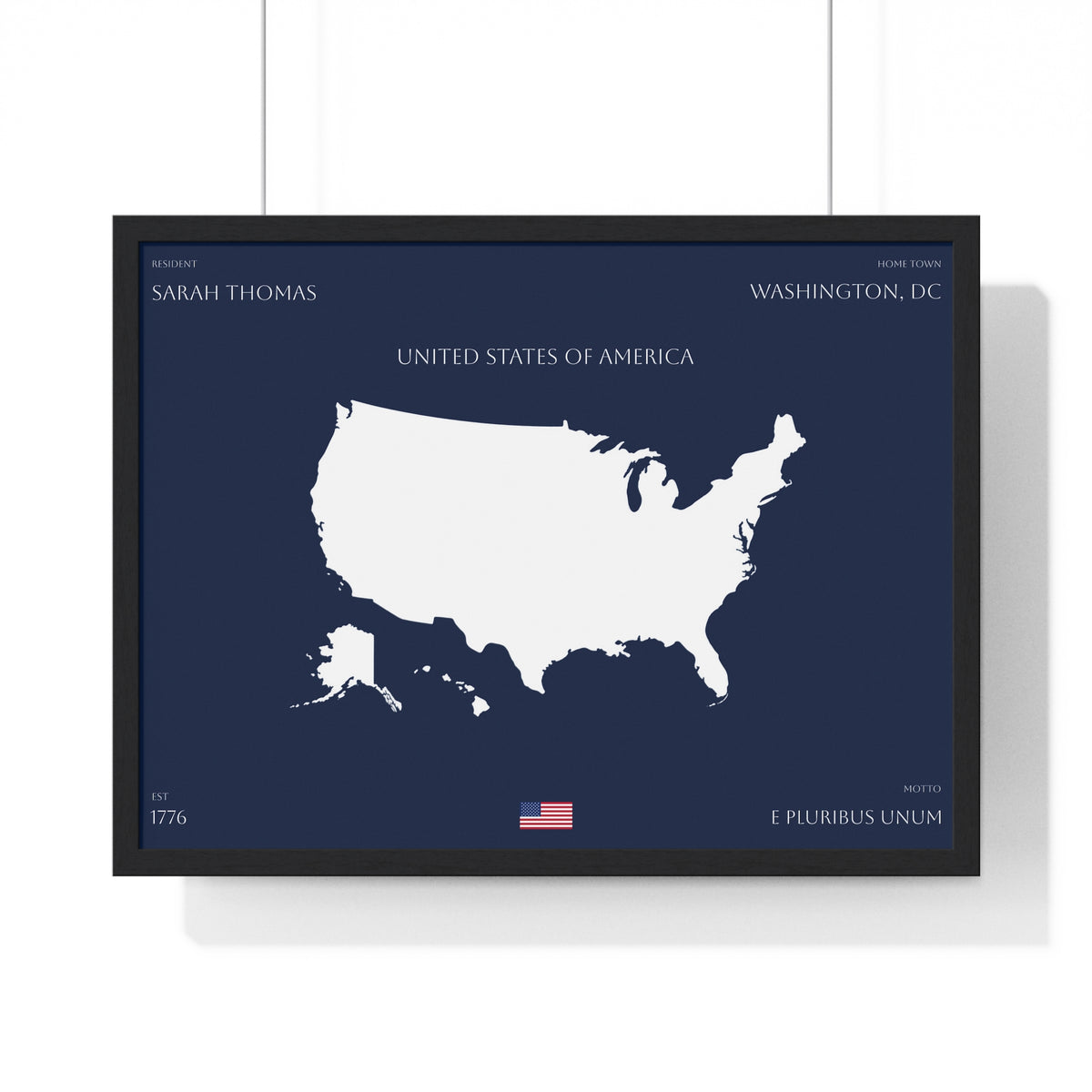 Customizable United States Map Horizontal Framed Poster | America Silhouette | Personalized Name and Hometown | Navy - Proud & Loyal