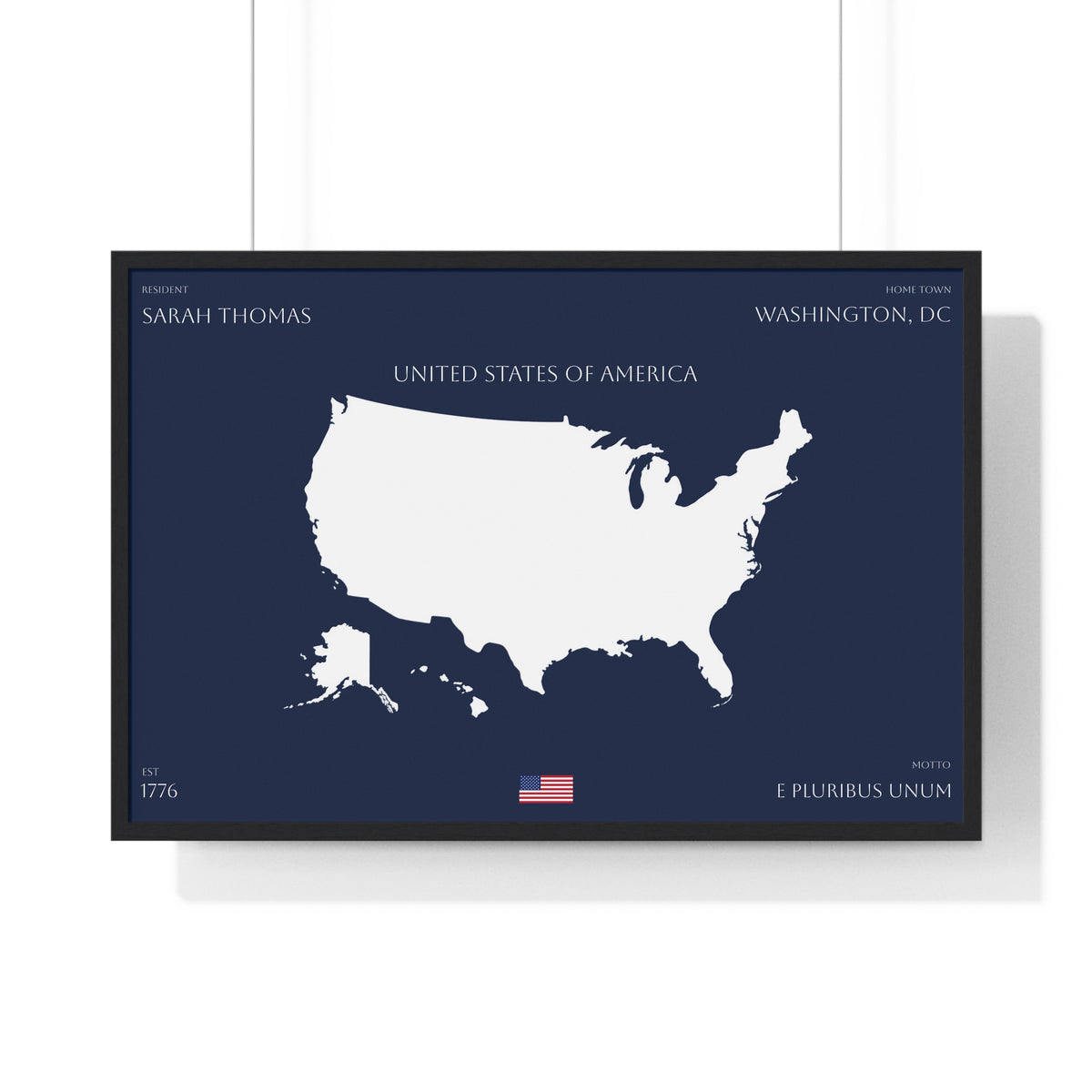 Customizable United States Map Horizontal Framed Poster | America Silhouette | Personalized Name and Hometown | Navy - Proud & Loyal
