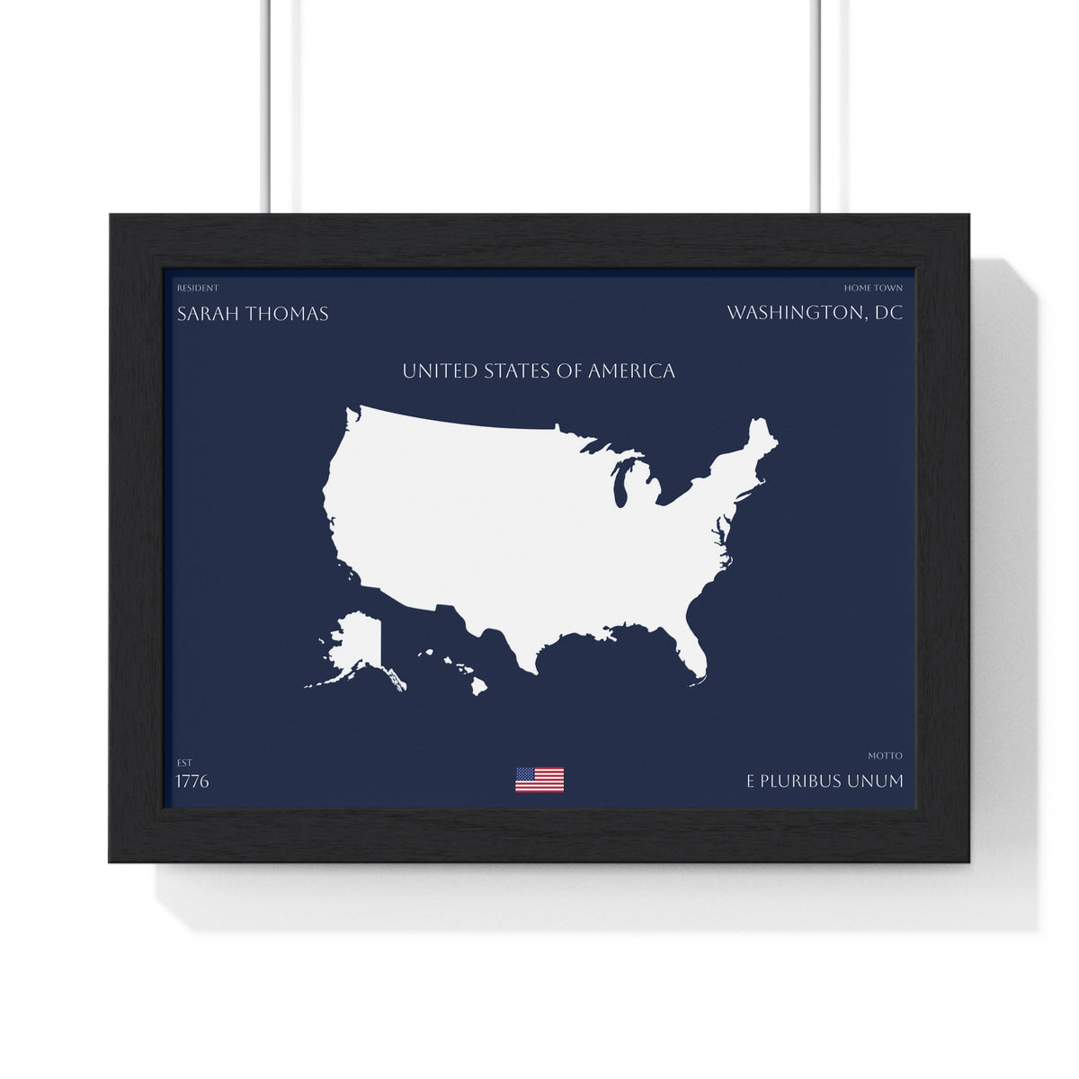 Customizable United States Map Horizontal Framed Poster | America Silhouette | Personalized Name and Hometown | Navy - Proud & Loyal